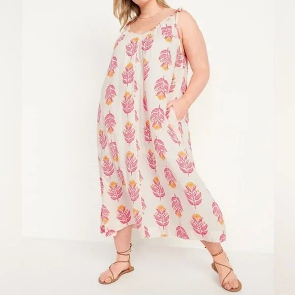 Old Navy Tie Shoulder Floral Sleeveless Maxi Swing Dress Medium Pockets Flowy - Picture 1 of 12